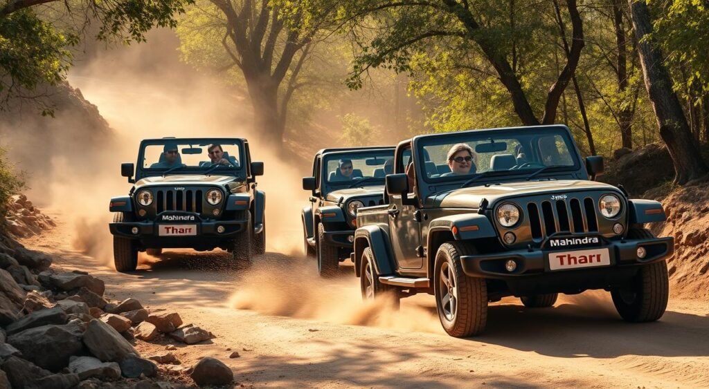 off-road vehicle enthusiasts enjoying Mahindra Thar